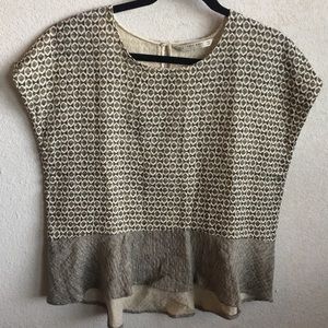 Zara tan blouse with black pattern and grey ruffle